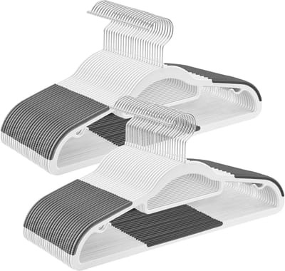 Famanu – Kunststof kleerhangers met antislip, ultradun en ruimtebesparend, 360° draaibaar, wit en donkergrijs