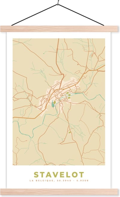 Posterhanger incl. Poster 40x60 cm - Schoolplaat - Stavelot - België - Kaart - Stadskaart - Plattegrond - Textielposter - Blanke latten - Stadskaart