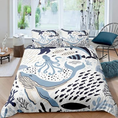 3D Walvis Koning Koningin Dekbedovertrek Marineleven Beddengoedset Teal Zee Dier Dekbedovertrek Oceaan Nautisch Polyester Dekbedovertrek EU single(135x200cm) gray