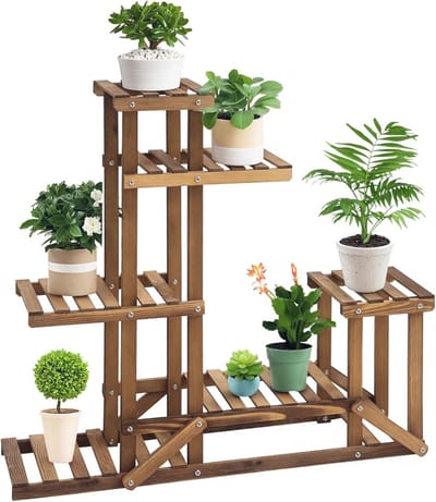 Bloemenrek Hout - Plantenstandaard - Decoratie Presenteren - 6 Legplanken - 98 x 28 x 96.5 cm - Houtkleur