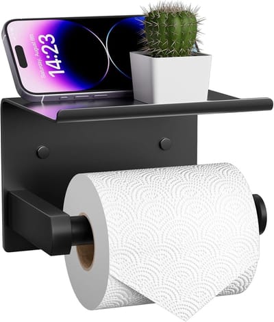 Famanu – Toiletrolhouder met plank voor wandmontage, zelfklevend of schroefmontage, roestvrij staal, zwart