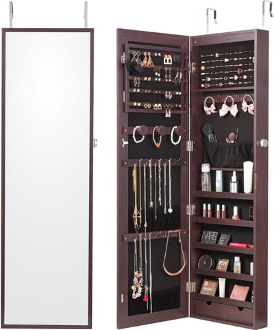 Afsluitbare sieradenkast met full-body spiegel – 120 cm hoog – Sieradenorganizer met LED-verlichting, fluwelen voering en lade – Bruin