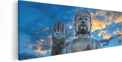Artaza Canvas Schilderij Boeddha Standbeeld - 60x20 cm - Wanddecoratie Woonkamer - Muurdecoratie Zon - Kamer Accessoires