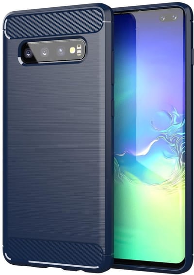 Cadorabo Hoesje geschikt voor Samsung Galaxy S10 4G in BRUSHED BLAUW - Beschermhoes van flexibel TPU siliconen in roestvrij staal-carbonvezel look Case Cover