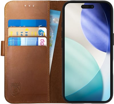 Rosso Deluxe Echt Leer Hoesje Geschikt voor Apple iPhone 17 Pro | Ruimte voor drie pasjes | Portemonnee Book Case | Met Pasjeshouder | Bruin