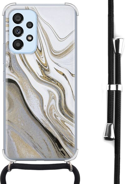 Hoesje met koord - Geschikt voor Samsung Galaxy A53 - Marmer wit goud - Verstelbaar zwart koord - Crossbody - Marmer - Transparant, Goud, Wit - Leuke Telefoonhoesjes