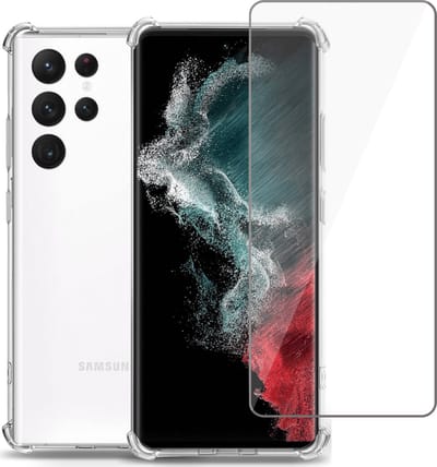 Hoesje geschikt voor Samsung S22 Ultra + Screenprotector – Full Screen Tempered Glass - Extreme Shock Case Transparant