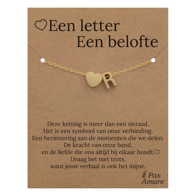Letter R Armband op Cadeau Kaartje - Een letter, een belofte - 15,5cm + 5,5cm verstelbaar Goudkleurig Stainless Steel - Initiaal & Hartje Hanger - Pax Amare