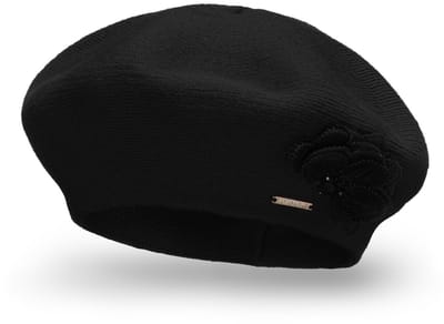 Vivisence Dames Winter Baret - Met Wol Elastische Pasvorm Met Bloemapplicatie - Houdt Je Hoofd Warm en Voelt Zacht Aan voor Stijlvolle Dagen en Cadeaumomenten Voor De Stad En Op Reis - Zwart