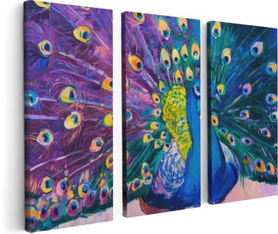 Artaza Canvas Schilderij Drieluik Pauw Met Kleurrijke Veren Van Olieverf - Abstract - 120x80 - Foto Op Canvas - Canvas Print