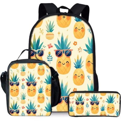 Drie delige Rugzakken Set met Ananasprint voor Jongens en Meisjes Beste Cadeaus 2D Platte Cartoon Schooltas voor Kinderen