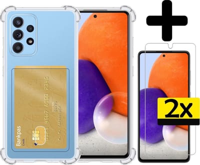 Hoesje - Geschikt voor Samsung Galaxy A72 - Met 2x Screenprotector - Pashouder - Kaarthouder - Telefoon Hoes Shockproof - Siliconen Case - Back Cover - Shock Proof - Pasjes Houder - Telefoonhoesjes - Transparant