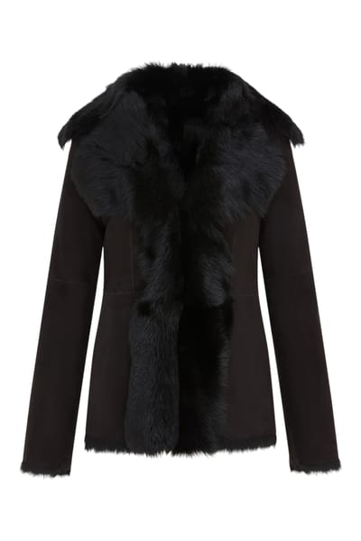 Dames zwarte Toscaanse Merino schapenvacht suède leren jas - Siena