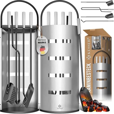 Haardaccessoires Set - Haardgarnituur - Haard Onderhoud - Elegante Standaard - 5 Delig - Zilver