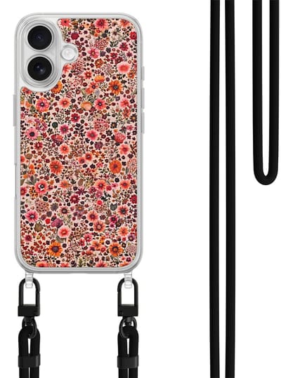 Hoesje met koord geschikt voor iPhone 16 - Vintage floral - Inclusief zwart koord - Crossbody beschermhoes - Transparant, Roze - Mooie Telefoonhoesjes