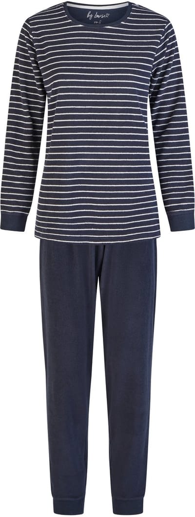 By Louise Dames Winter Pyjama Set Lang Badstof Donkerblauw Gestreept - Maat M