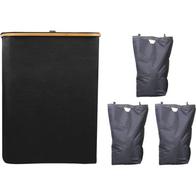 Panier à linge 160L avec couvercle, grand panier pliable à 3 séparateurs pour vêtements sales, organisateur avec noir