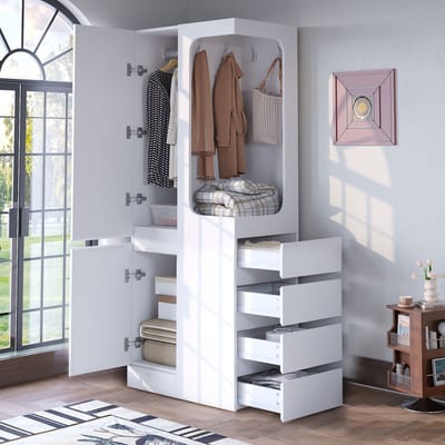 Kledingkast - 70x40x170 cm - Met Lades en Open Hanggedeelte - Eendeurs - Hout - Wit