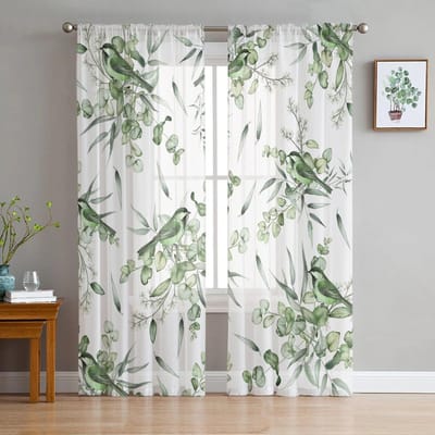 Zomerplanten Klavertjevier Groen Blad Aquarel Transparante Gordijnen Woonkamer Slaapkamer Voile Raamgordijn Tule Gordijnen 135W x 213H(cm)