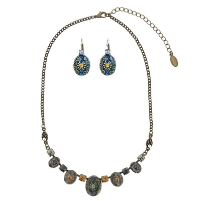 Behave - Set Ketting + Oorbellen - Vintage goudkleur met donker blauw, donker groen en bruin