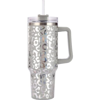 Nouveau Sticker Eau Imprimé Léopard avec Poignée Tasse Thermos Acier Inoxydable Tasse de Voiture Grande Capacité Tasse Lingot Glacé 40oz white