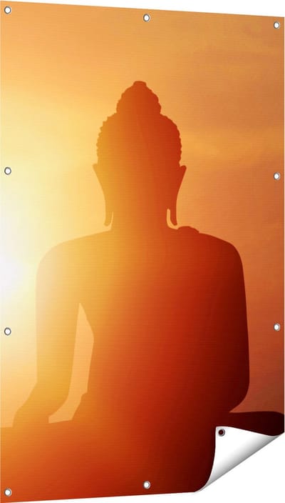 Gards Tuinposter Silhouet van een Boeddha Beeld met Zonsondergang - 80x120 cm - Tuindoek - Tuindecoratie - Wanddecoratie buiten - Tuinschilderij