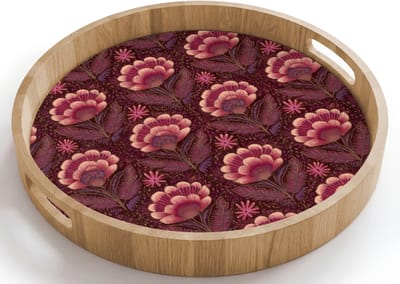 Dienblad rond 40x40 cm - Schootdienblad hout - Bloemen - Waaier - Paars - Borrelplank rechthoek - Plateau houten dienbladen