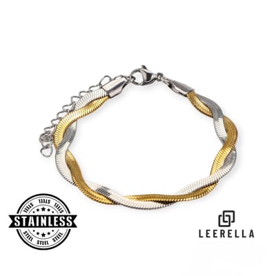 Leerella Tweekeer Gevlochten Slang Armband - Stijlvolle Roestvrijstalen Armband in Bicolor - Waterproof & Verstelbaar 16+5 cm