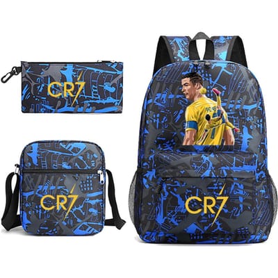 Ronaldo CR7 Rugzak Jongens Heren Rugzak Schoudertas voor School 3 Stuks Etui voor Fans Cadeau 15.6 inch