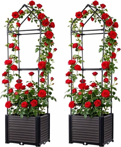 HoerFuriy Plantenbak met Klimrek Set van 2 - Zelfwaterend - 40x40x150cm - Verrijdbaar Klimplantenrek - Antraciet