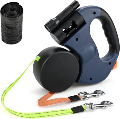 Dubbel intrekbare hondenriem, versterkt uitschuifbaar met antislip handvat hondenriem met LED-licht en vuilnisbak voor wandelen 2 honden, 360° wirwar vrije sterke nylon band, rem, pauzeslot, 3m,Blauw
