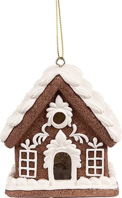 Clayre & Eef Kersthanger met LED Gingerbread house 8x6x9 cm Bruin Kunststof Peperkoekhuisje