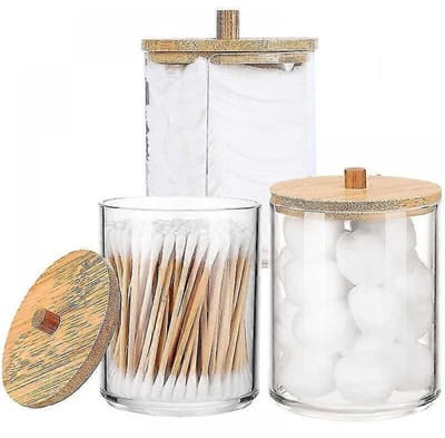 Peysaitr - Wattenstaafjes houder - opbergdoos - Deksel van bamboe - Wattenstaafjes houder met deksel - transparante wattenschijfdispenser - Houder voor watten, wattenstaafjes of sieraden - 3 stuks