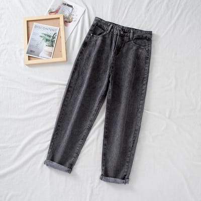 Losse Slim High-waist Jeans met Katoen In Zomer Nieuwe Koreaanse Stijl Casual Negenpunts Broek Wijdpijp Broek Dameskleding XXL black