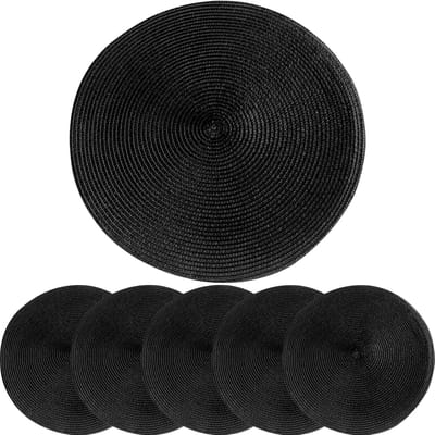 Placemats Set - Tafelonderleggers Rond - Eettafel Beschermen - Hittebestendig Geweven - 6 Stuks 38 cm - Zwart