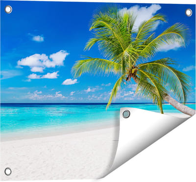 Gards Tuinposter Tropisch Strand met een Palmboom - 50x40 cm - Tuindoek - Tuindecoratie - Wanddecoratie buiten - Tuinschilderij