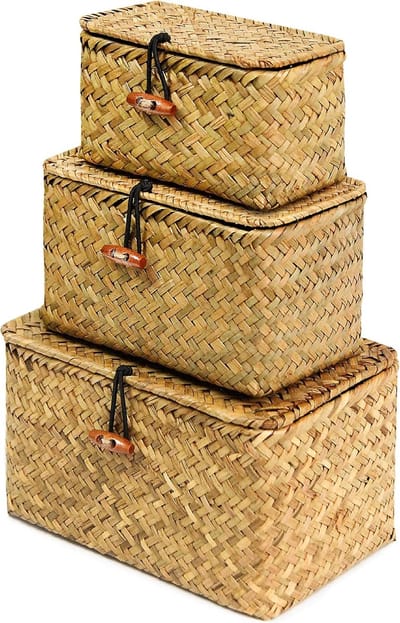 Plankmanden met deksel, set van 3 handgeweven zeegras opbergdoos rieten mand desktop make-up organizer multifunctionele container (origineel (S/M/L)