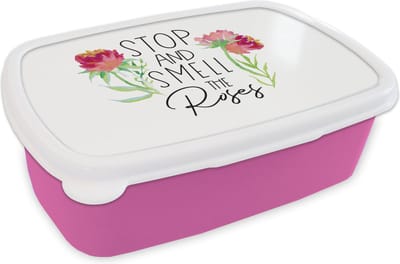 Broodtrommel Roze - Lunchbox - Brooddoos - Spreuken - Stop and smell the roses - Quotes - 18x12x6 cm - Kinderen - Meisje