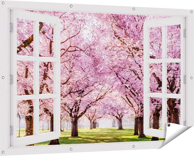 Gards Tuinposter Doorkijk Roze Bloesembomen Park - Bloemen - 150x100 cm - Tuindoek - Tuindecoratie - Wanddecoratie buiten - Tuinschilderij