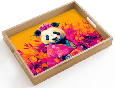 Dienblad hout 40x30 cm - Schootdienblad - Kimono - Roze - Panda - Bloemenkroon - Borrelplank rechthoek - Plateau dienbladen