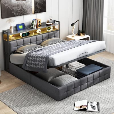 Opbergbed 140x190 met LED & USB – Bed met Hoofdbord en Opbergplanken – Grijs Linnen