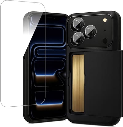 Hoesje met Pasjeshouder geschikt voor iPhone 17 Pro - Screenprotector GlassGuard & Camera Lens Screen Protector Zwart - Back Cover SlideCase Zwart