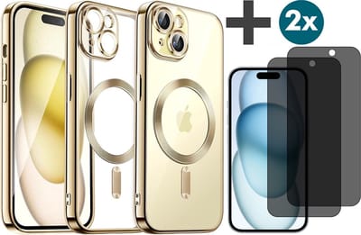 Hoesje met Privacy Screenprotectors 2 Stuks Geschikt voor iphone 15 Plus Hoesje - Geschikt voor MagSafe - Arara siliconen Backcover - Goud