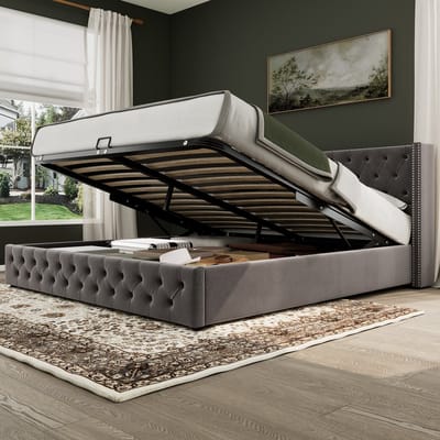 Gestoffeerd bed - 180x200 cm - Oorvorm met Nieten en Knoppen - Hydraulisch - Fluweel - Grijs