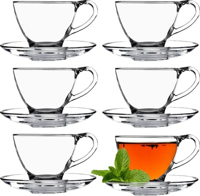 KADAX Glazen Kopjes Met Onderzetter, 200 ml/250 ml, Transparante Theekop, Koffiekopjes Met Schotel, Glazen Mok, Hannah / 6 Stuks