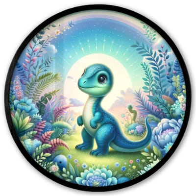 Poster in lijst Rond - Fotolijst 40x40 cm - Posters - Dino - Blauw - Regenboog - Dinosaurus - Baby - Ronde posterlijst zwart - Decoratie - Wanddecoratie woonkamer - Muurdecoratie slaapkamer