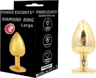 Power Escorts Diamond King Large Butt Plug Goud met Roze Steen - Metalen Anal Plug - 9,5 cm - Luxe Colour Box