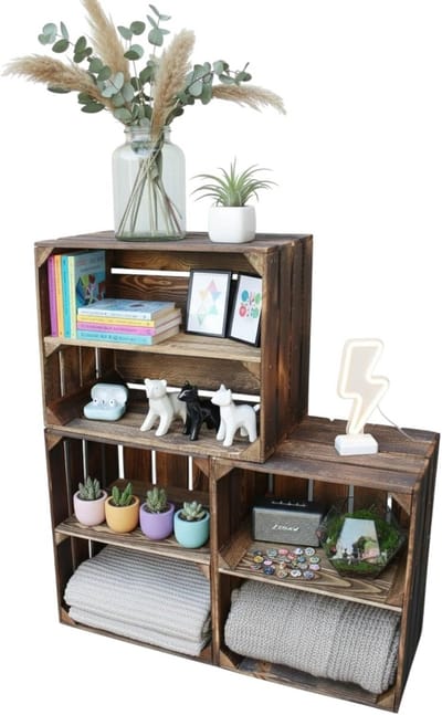 Set van donker gevlambde houten kisten voor opslag en decoratie 50x40x30 cm
