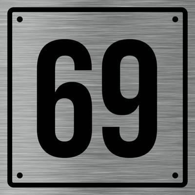 Huisnummerbord 69 - Incl. Schroeven en Pluggen – Acrylaat - 10 x 10 cm - RVS met Zwart