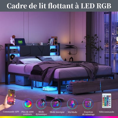 Tweepersoonsbed 160x200cm | LED-lampen hoofdeinde & bedframe, 2 lades voeteneind + USB-oplaadpoort